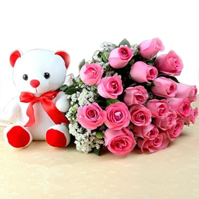Bunch of 24 Pink Roses and 12 inches Teddy