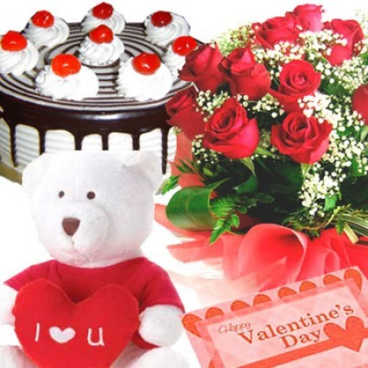 Red Roses with Black Forest Cake & Teddy