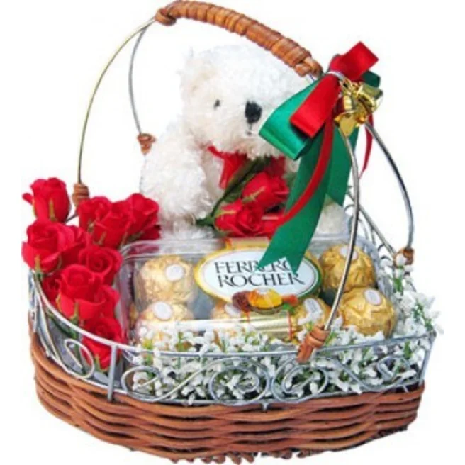 Basket of 12 Red Roses 16 Pcs Ferrero Rochers Chocolate 6 Inches Teddy