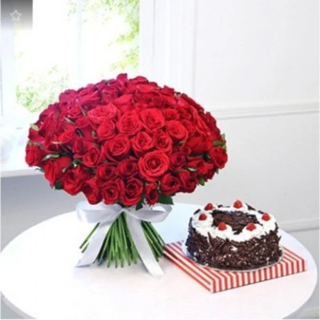 Red Rose Bouquet with Black Forest Cake