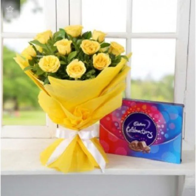 Yellow Rose Bouquet with Cadbury Celebrations