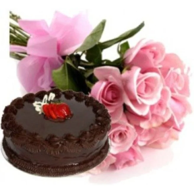 10 Pink Roses Bunch and Chocolate Cake