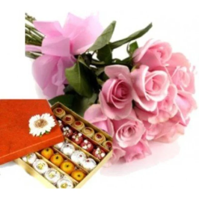 12 Pink Roses half Kg Assorted Mithai