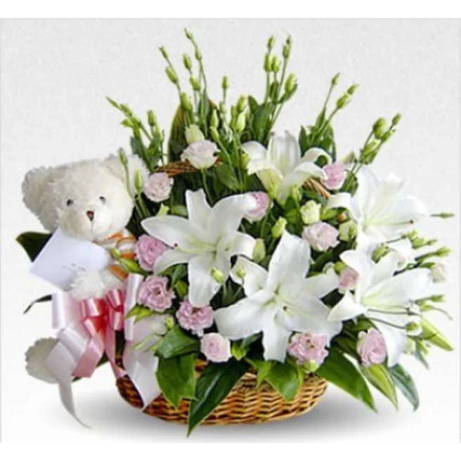 White Lily and Pink Carnation Basket with Teddy