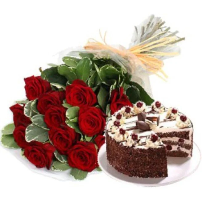 Bunch of 10 Red Roses & 1/2 Kg Black Forest Cake