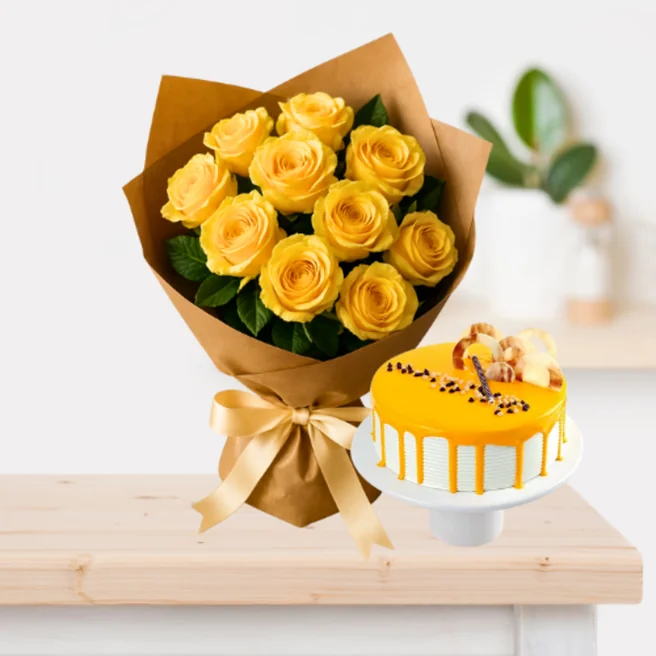 Yellow roses bouquet with butterscotch cake combo – ClassicFlora