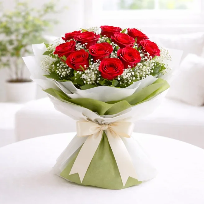 Classic 12 red rose bouquet with baby's breath and elegant wrapping