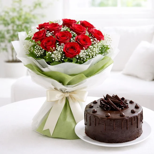 Classic 12 red rose bouquet with baby’s breath and half kg chocolate chips cake