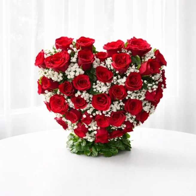 Heart shape arrangement of fresh red roses with white fillers