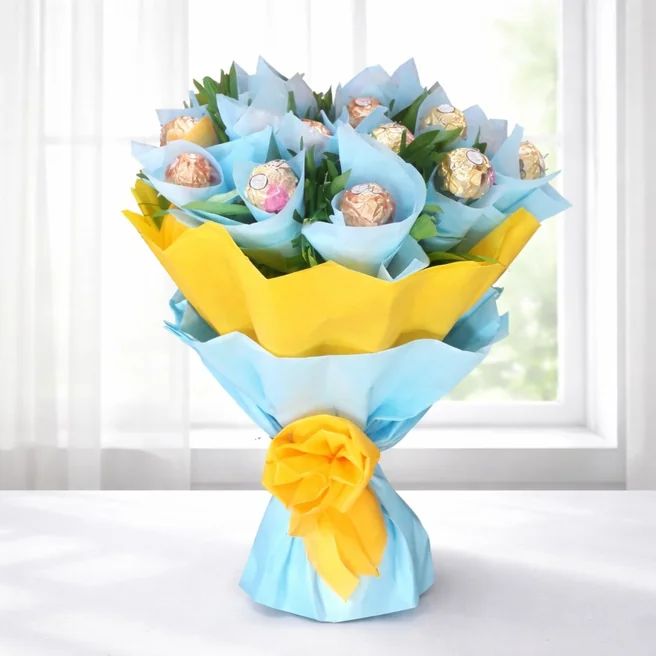Ferrero Rocher 16 pcs chocolate bouquet in sky blue and yellow paper wrapping