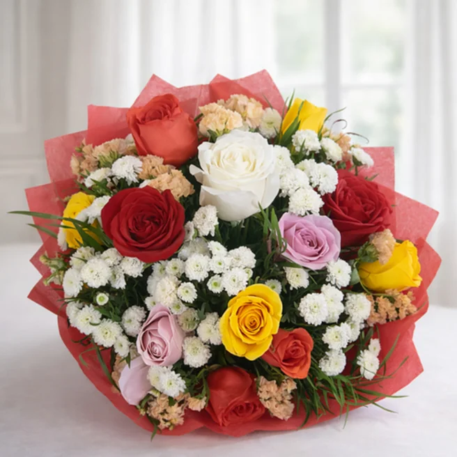 12 mixed roses bouquet with red paper packing and seasonal fillers