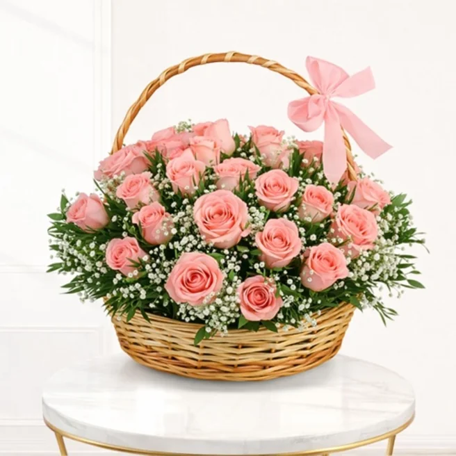 Pink roses basket arrangement with gypso greenery and ribbon