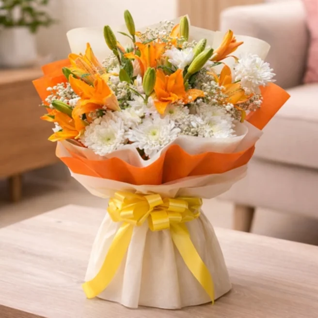 Orange lily and white chrysanthemum bouquet with gypso fillers