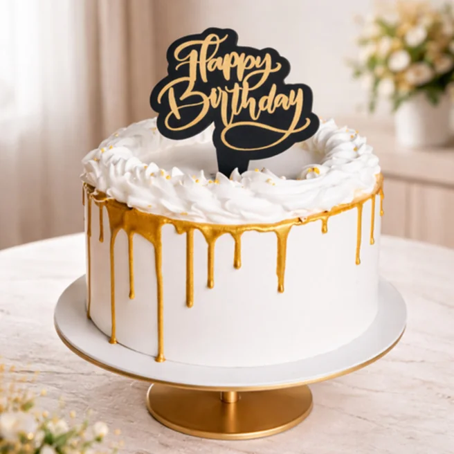 Elegant gold drip happy birthday cake with white cream frosting and topper