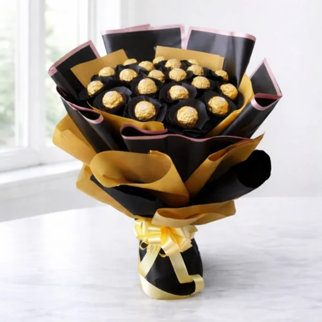 Premium Ferrero Rocher chocolate bouquet in black and gold wrapping – Classicflora