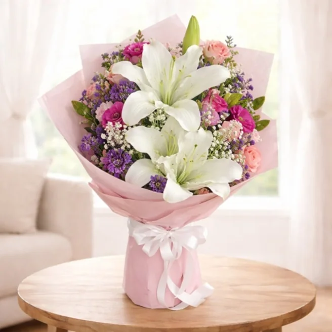 White lily mixed flower bouquet in premium wrapping