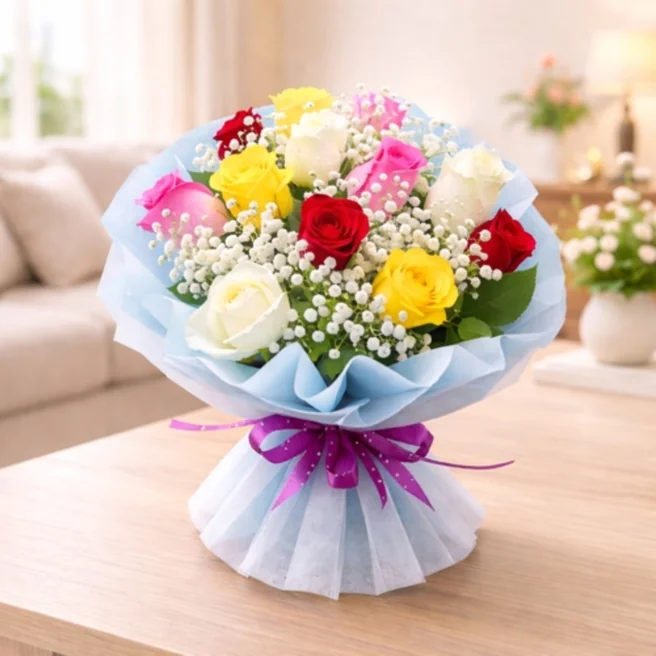Elegant mixed roses bouquet with baby breath fillers and premium paper packing