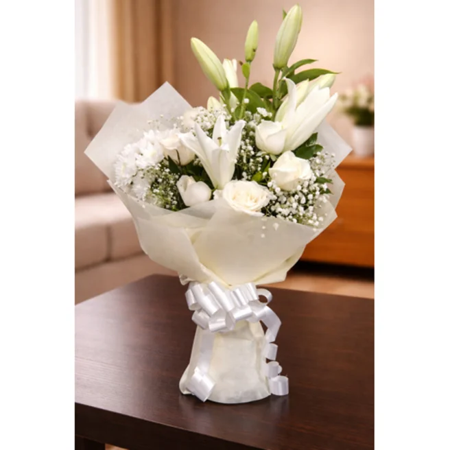 Premium white lily and rose bouquet wrapped in ivory paper – ClassicFlora