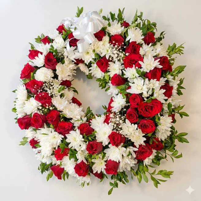 Red rose and white chrysanthemum sympathy wreath for funeral and condolence