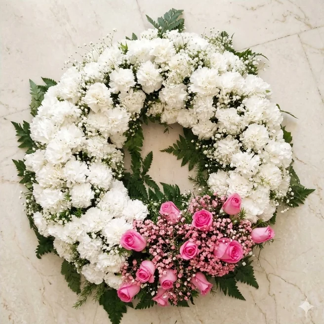 Pink rose and white carnation sympathy wreath for funeral and condolence