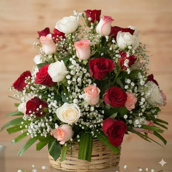 Classic Red Pink White Roses Basket with Greens and Gypsy Flowers
