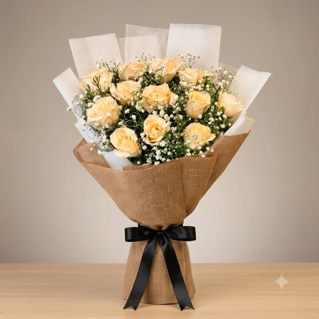Peach roses bouquet with gypso in rustic burlap wrap – Classicflora
