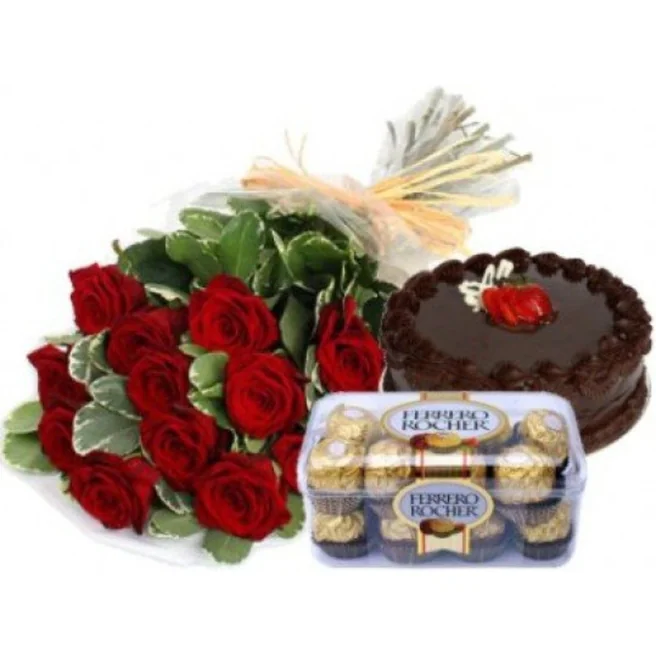 Bunch of 10 Red Roses 1 Kg Chocolate Cake 16 pcs Ferrero Rocher Box