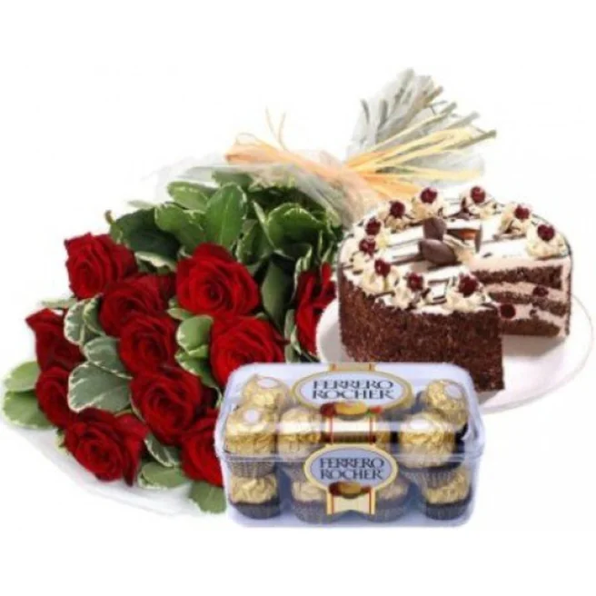 Bunch of 12 Red Roses 1 Kg Black Forest Cake 16 pcs Ferrero Rocher Box