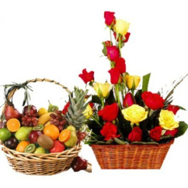 Basket of 20 Red and Yellow Roses with Basket Fresh Mix Fruits 5 kgs
