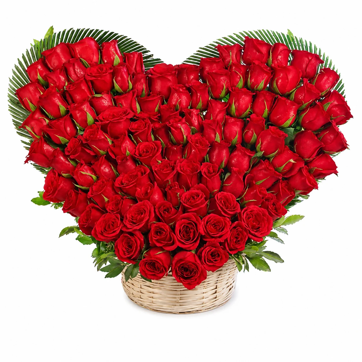 heart shaped red rose basket arrangement