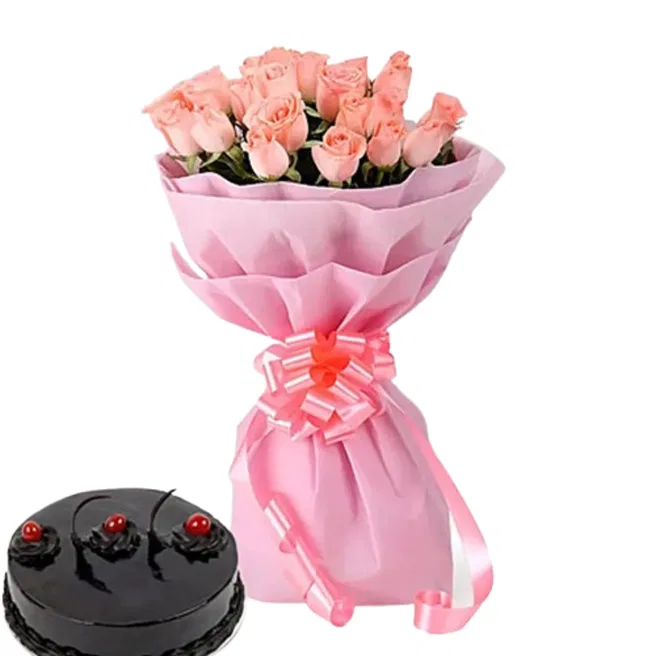 Pink Roses 20 with Cake