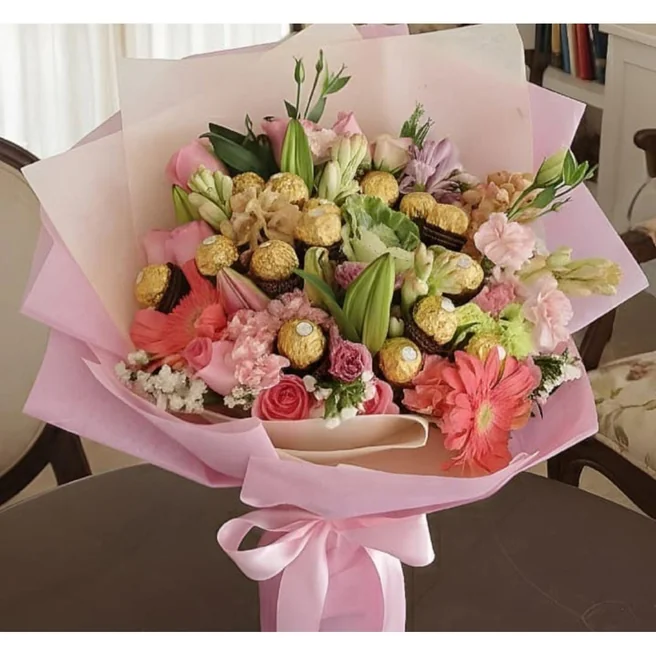 Blush bloom chocolate bouquet with pink flowers and ferrero rocher