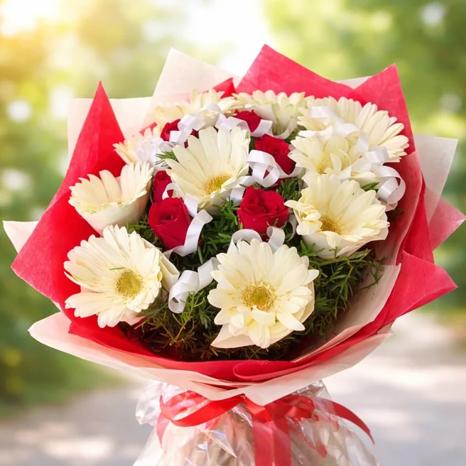 White gerbera and red rose bouquet with elegant paper packing and white ribbons