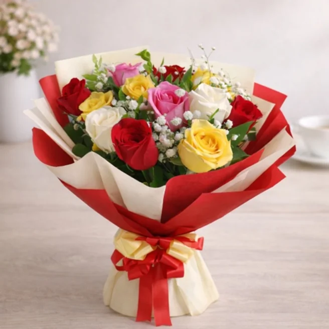 Mixed Roses Bouquet in Red & Off-White Wrap