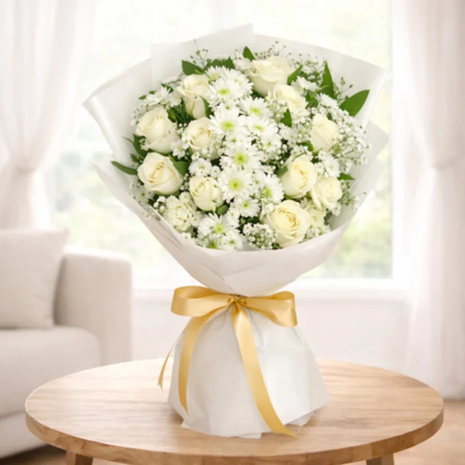 Elegant White Roses & Chrysanthemum Bouquet
