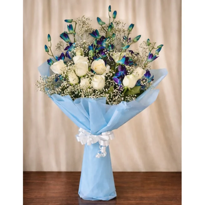 Blue orchid and white rose bouquet with gypsophila fillers in blue wrapping