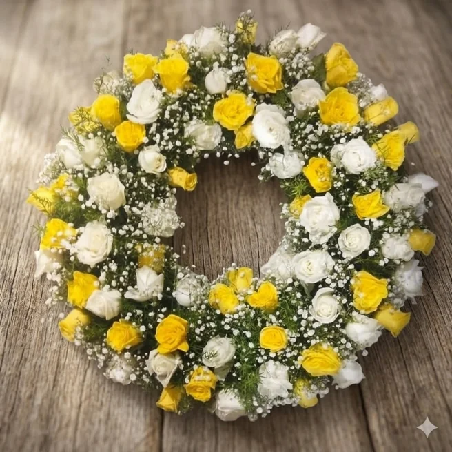 White & Yellow Rose Wreath Arrangement