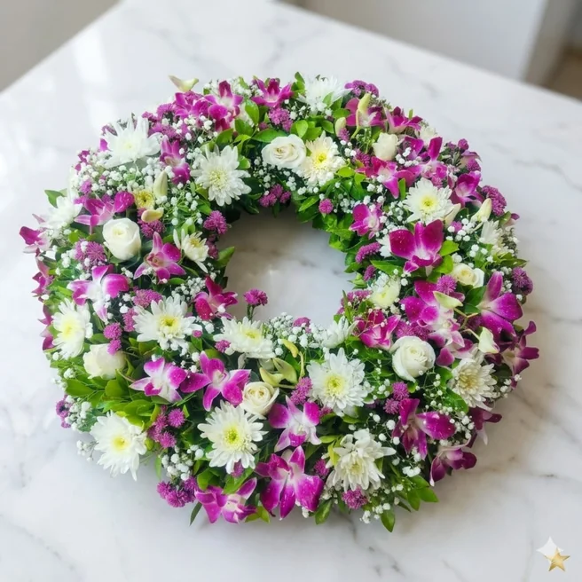 Purple Orchid White Rose Chrysanthemum Sympathy Funeral Wreath
