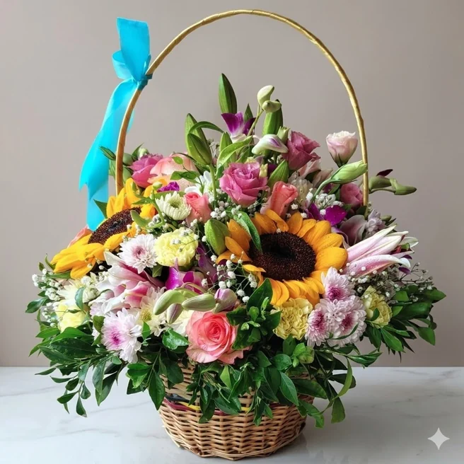 Sunflower Lily Rose Mixed Flower Basket Arrangement